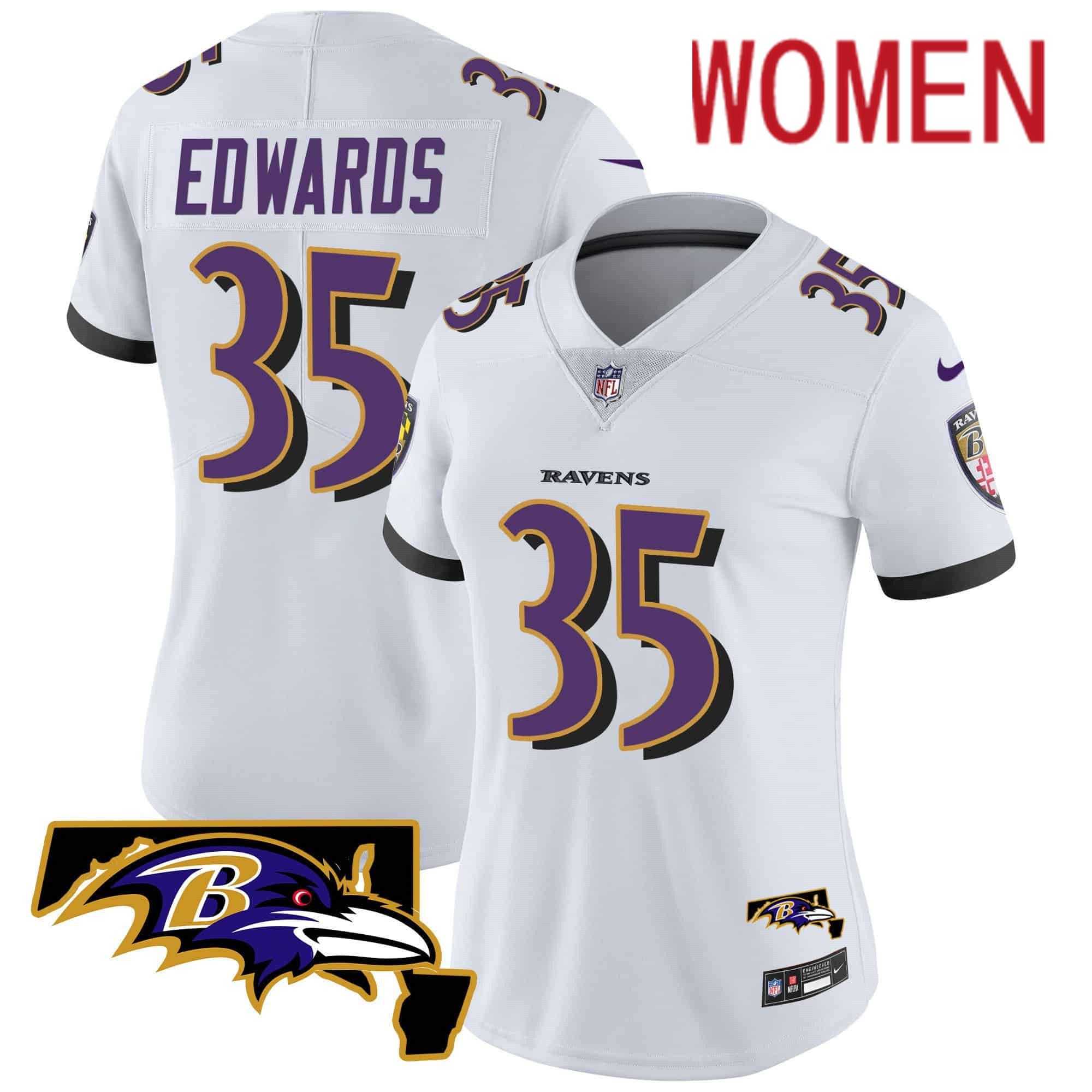 Women Baltimore Ravens 35 Edwards White 2024 Nike Maryland Patch Vapor Limited NFL Jersey